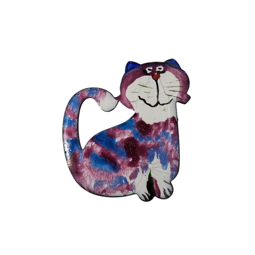Vintage Purple‎ Blue Enamel Unique Cat Brooch Pin